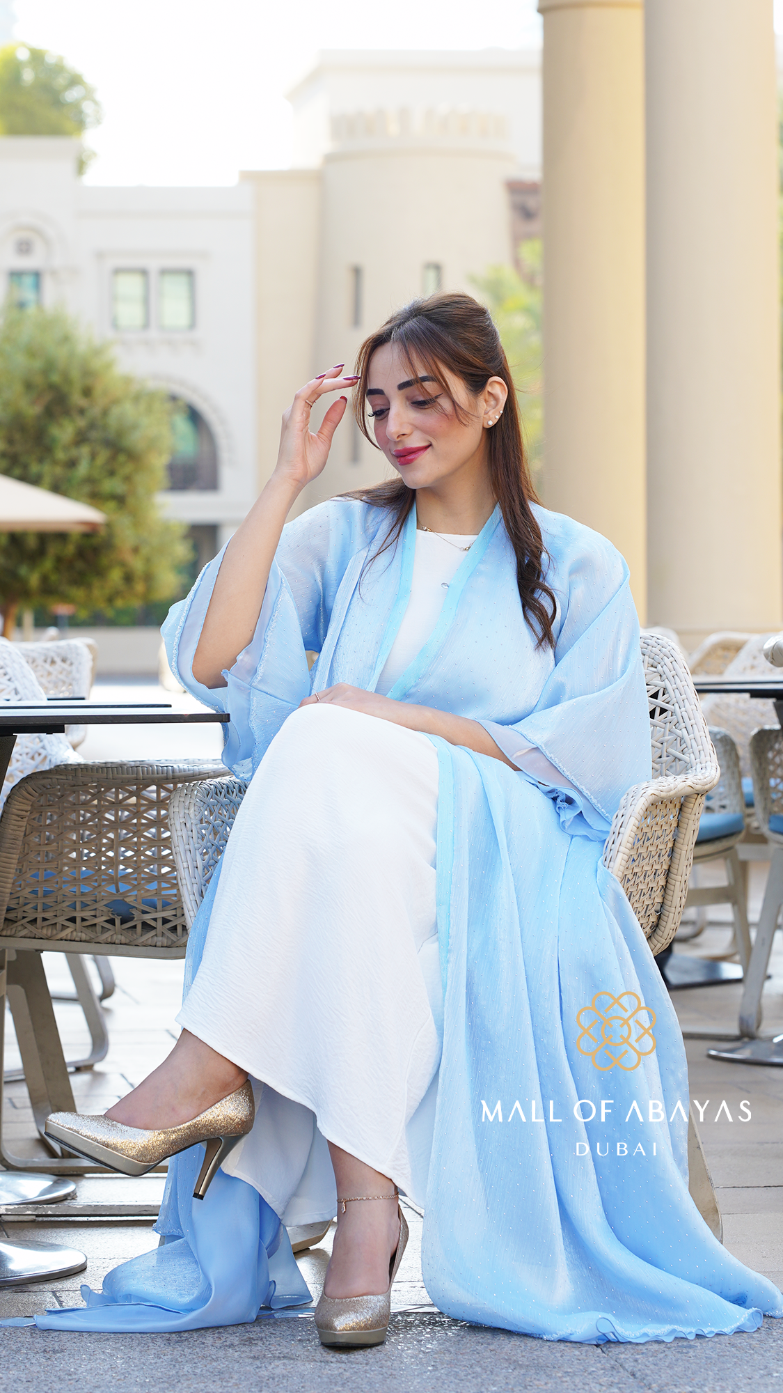 Ice Blue Textured Layered Abaya Set - 092654