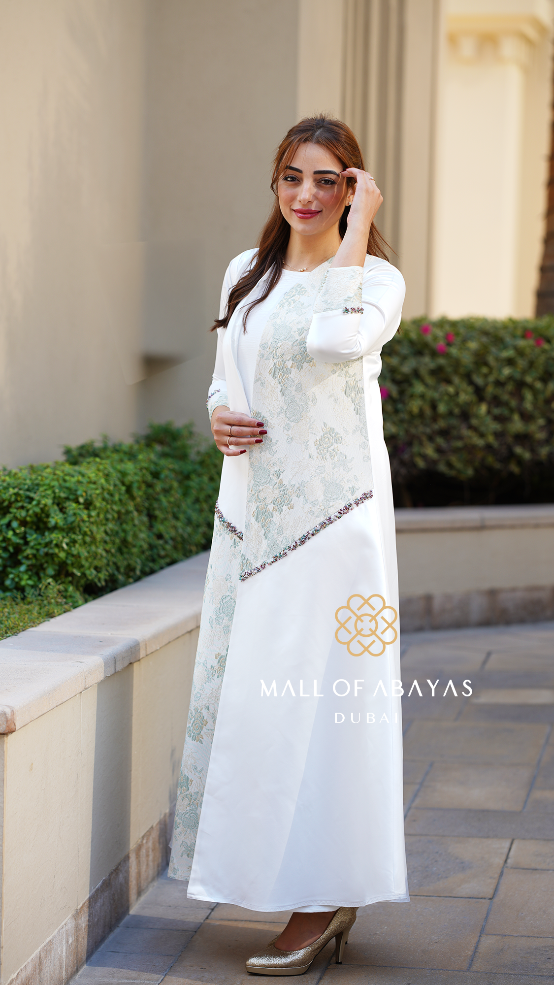 Ivory Blue Floral Panel Abaya - 092655