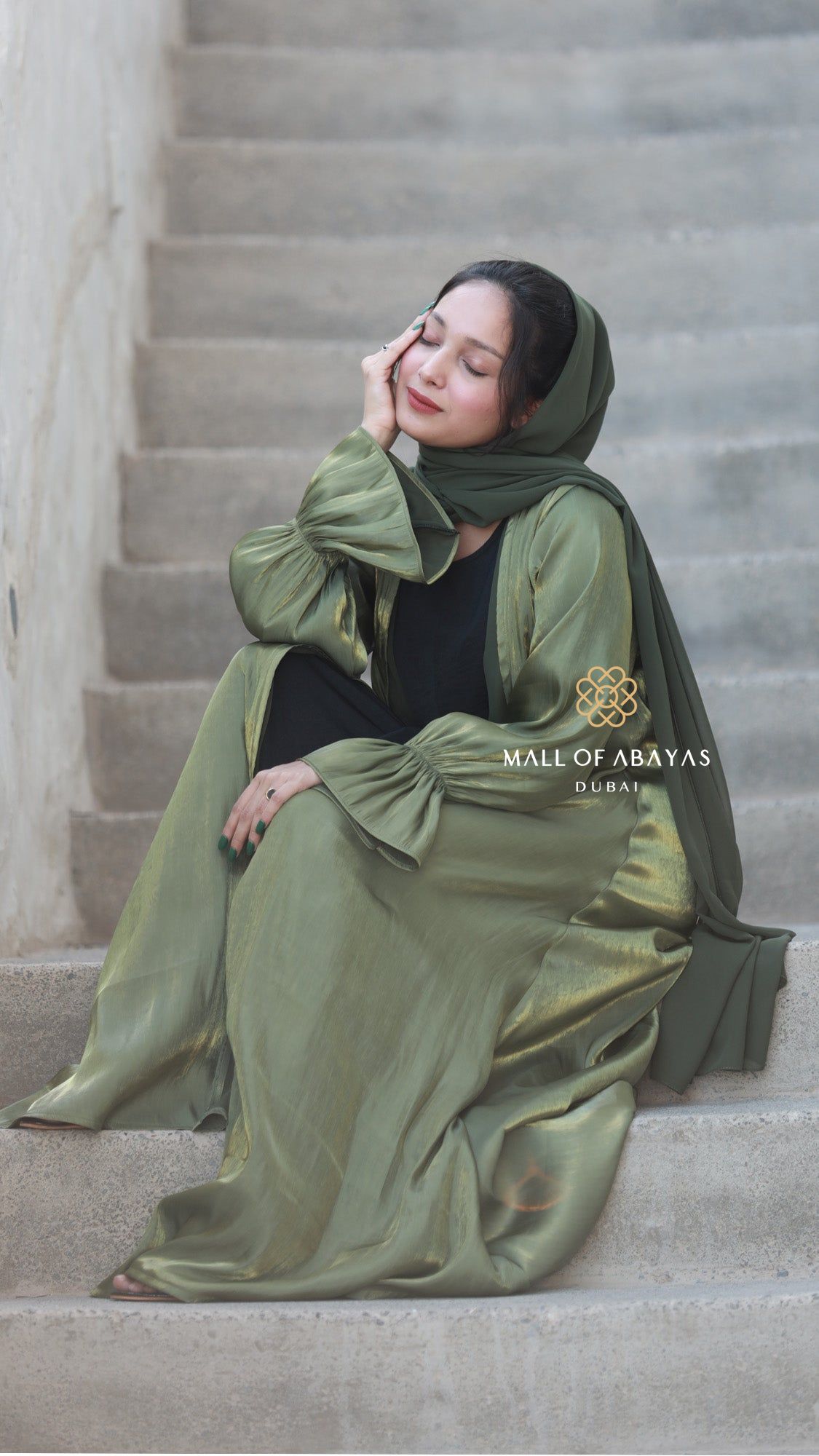 Olive Sage Organza Layered Abaya Set - 092645