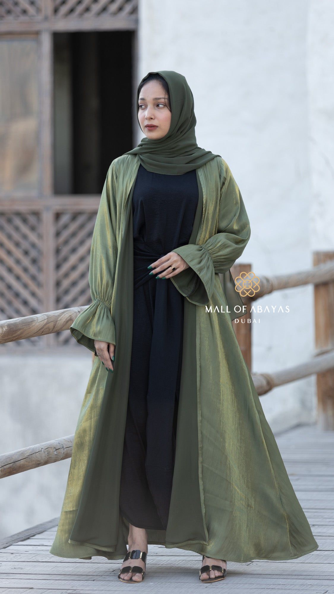 Olive Sage Organza Layered Abaya Set - 092645