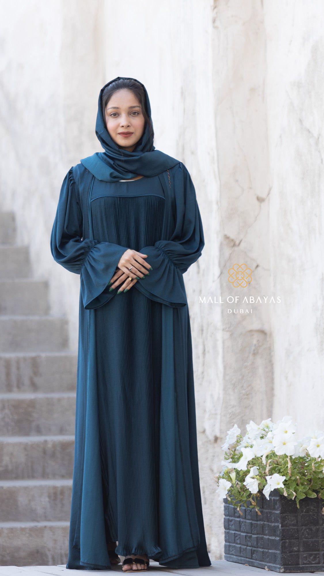 Deep Teal Pleated Abaya Set 902644