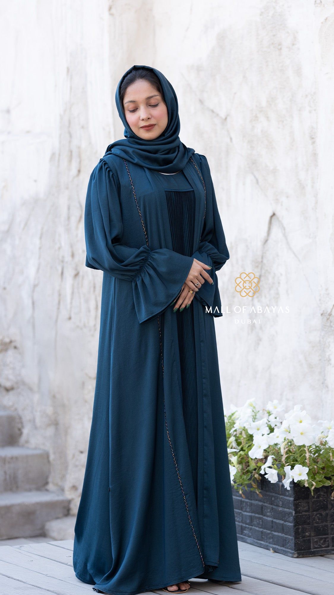 Deep Teal Pleated Abaya Set 902644
