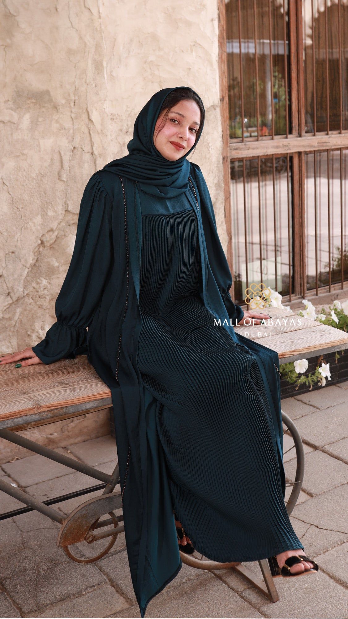 Deep Teal Pleated Abaya Set 902644