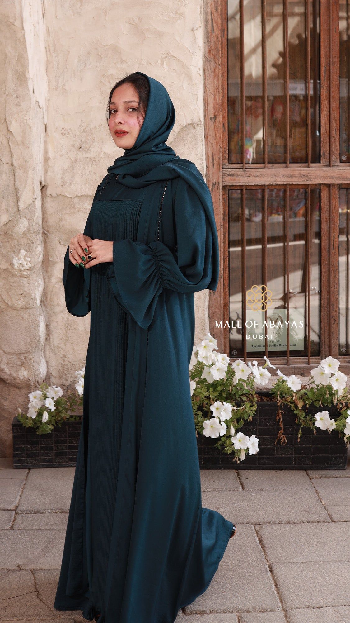 Deep Teal Pleated Abaya Set 902644