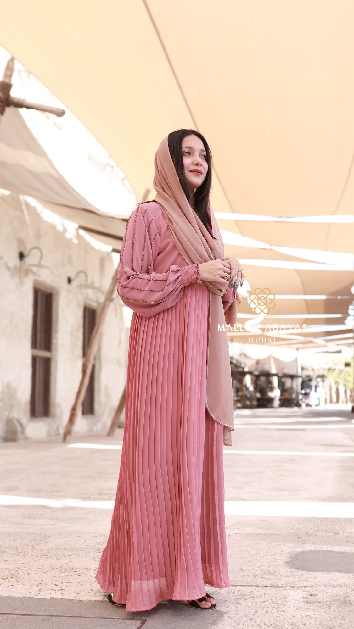 Rose Pink Pleated Abaya Set 092643