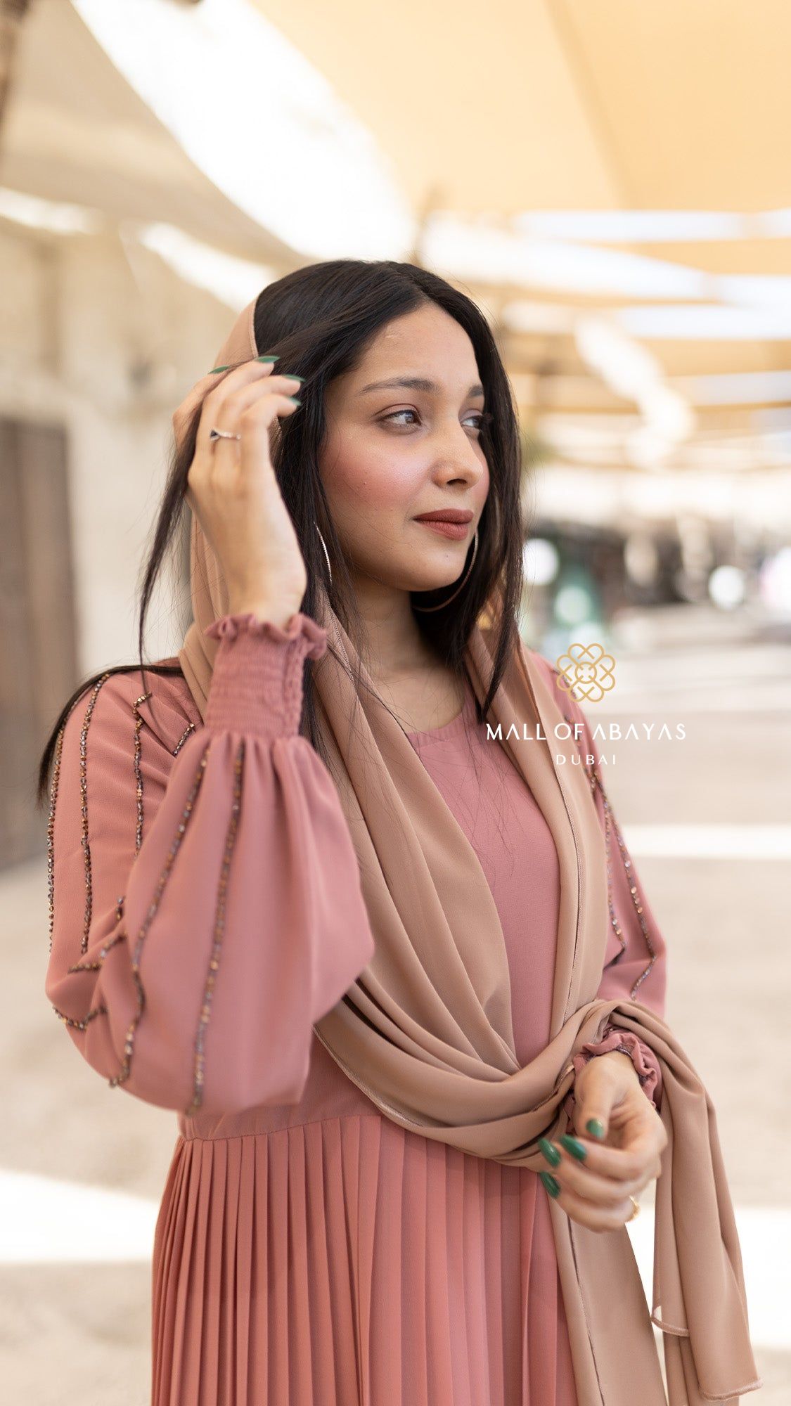 Rose Pink Pleated Abaya Set 092643