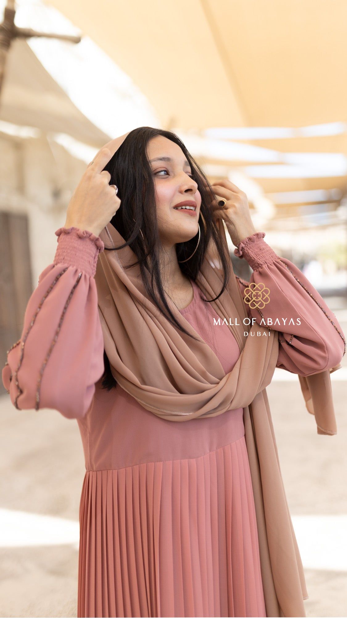 Rose Pink Pleated Abaya Set 092643