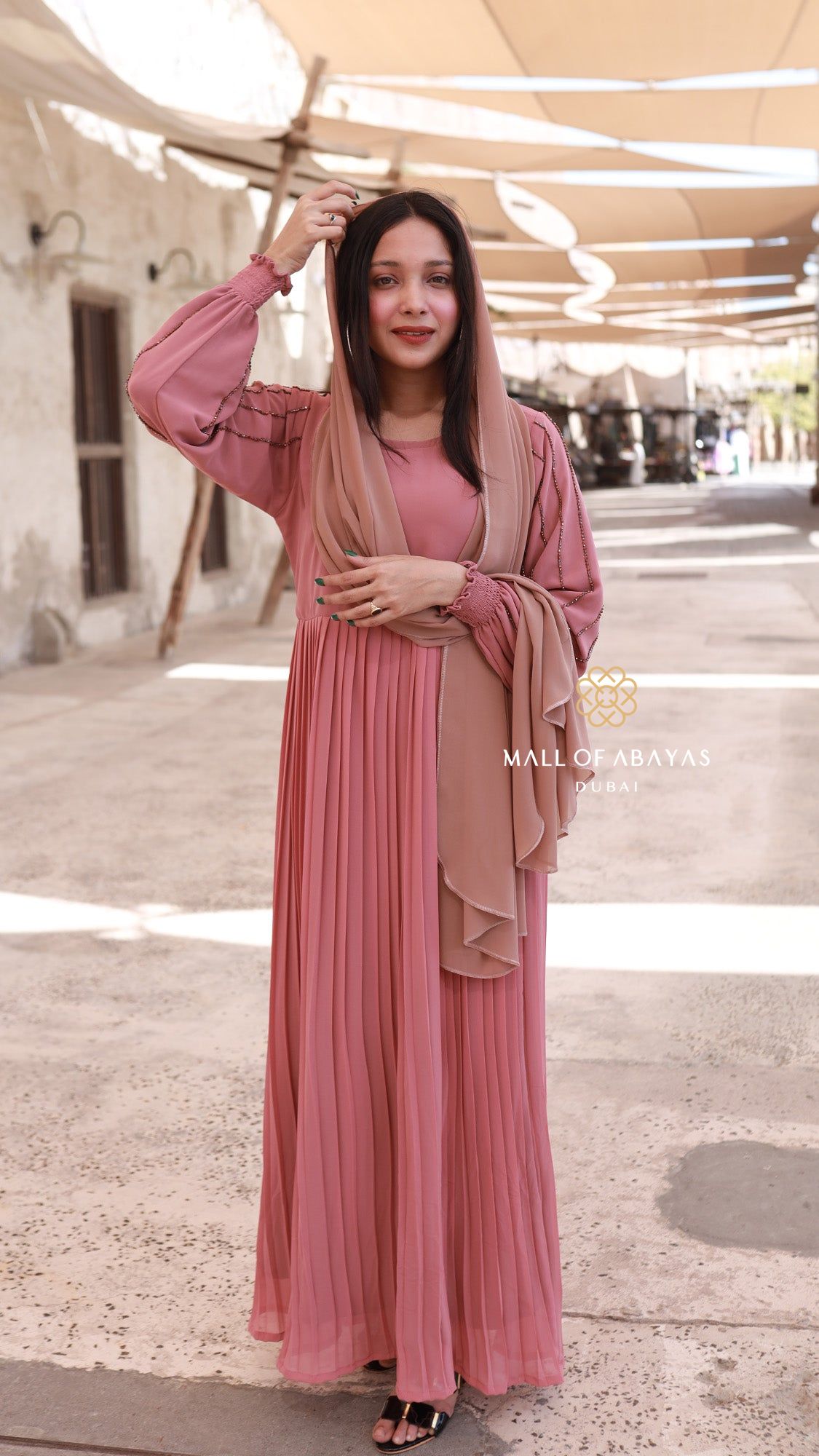 Rose Pink Pleated Abaya Set 092643