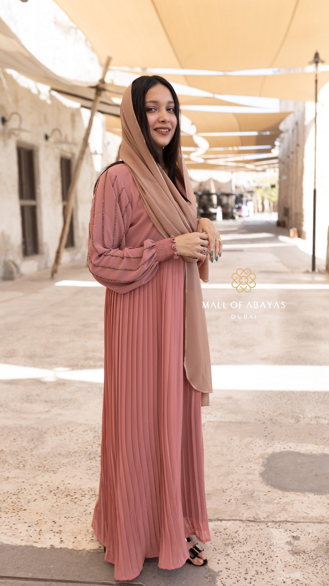 Rose Pink Pleated Abaya Set 092643