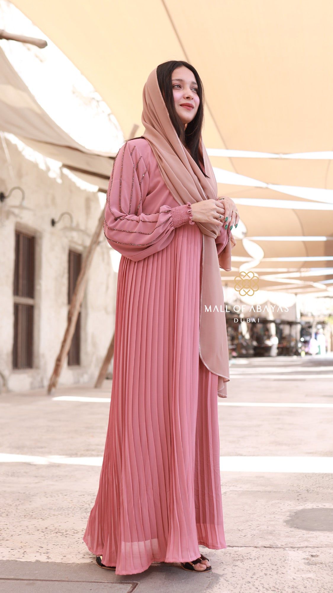 Rose Pink Pleated Abaya Set 092643