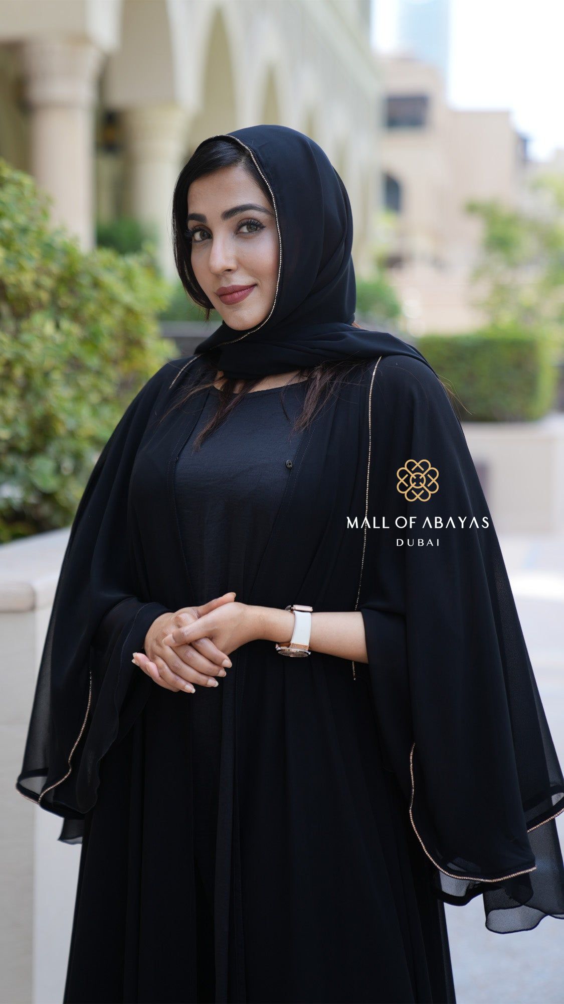 Black Gold-Trimmed Layered Abaya Set - 092630