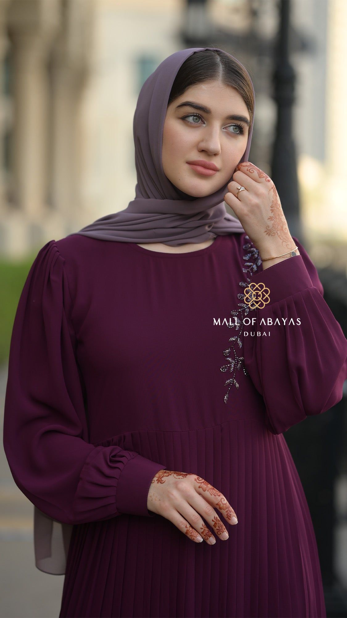 Pleated Chiffon Embellished Modest Dress - 092604