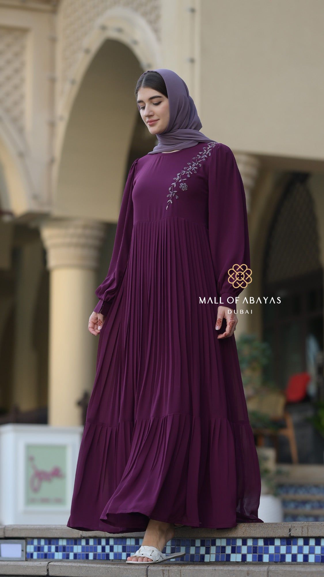 Pleated Chiffon Embellished Modest Dress - 092604
