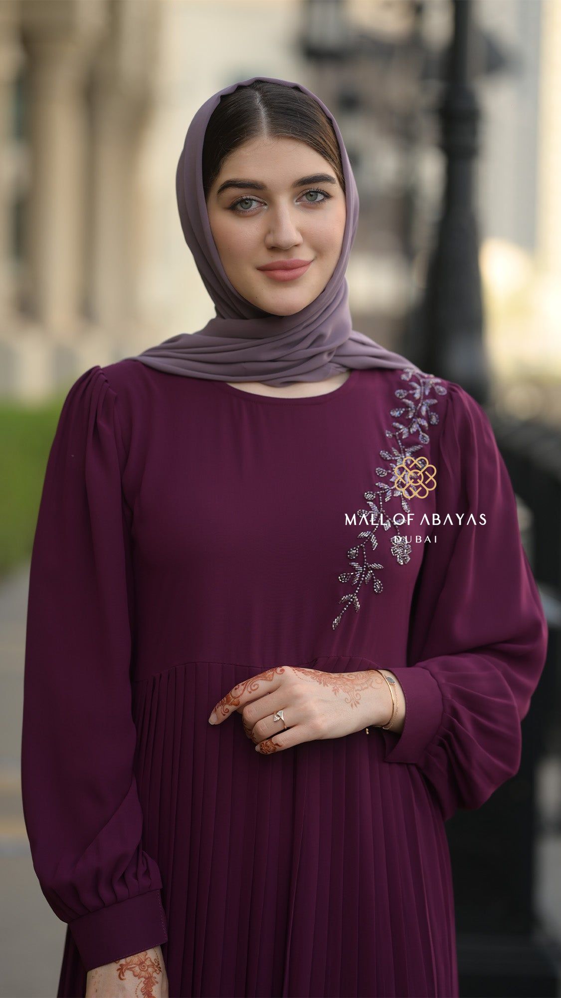 Pleated Chiffon Embellished Modest Dress - 092604