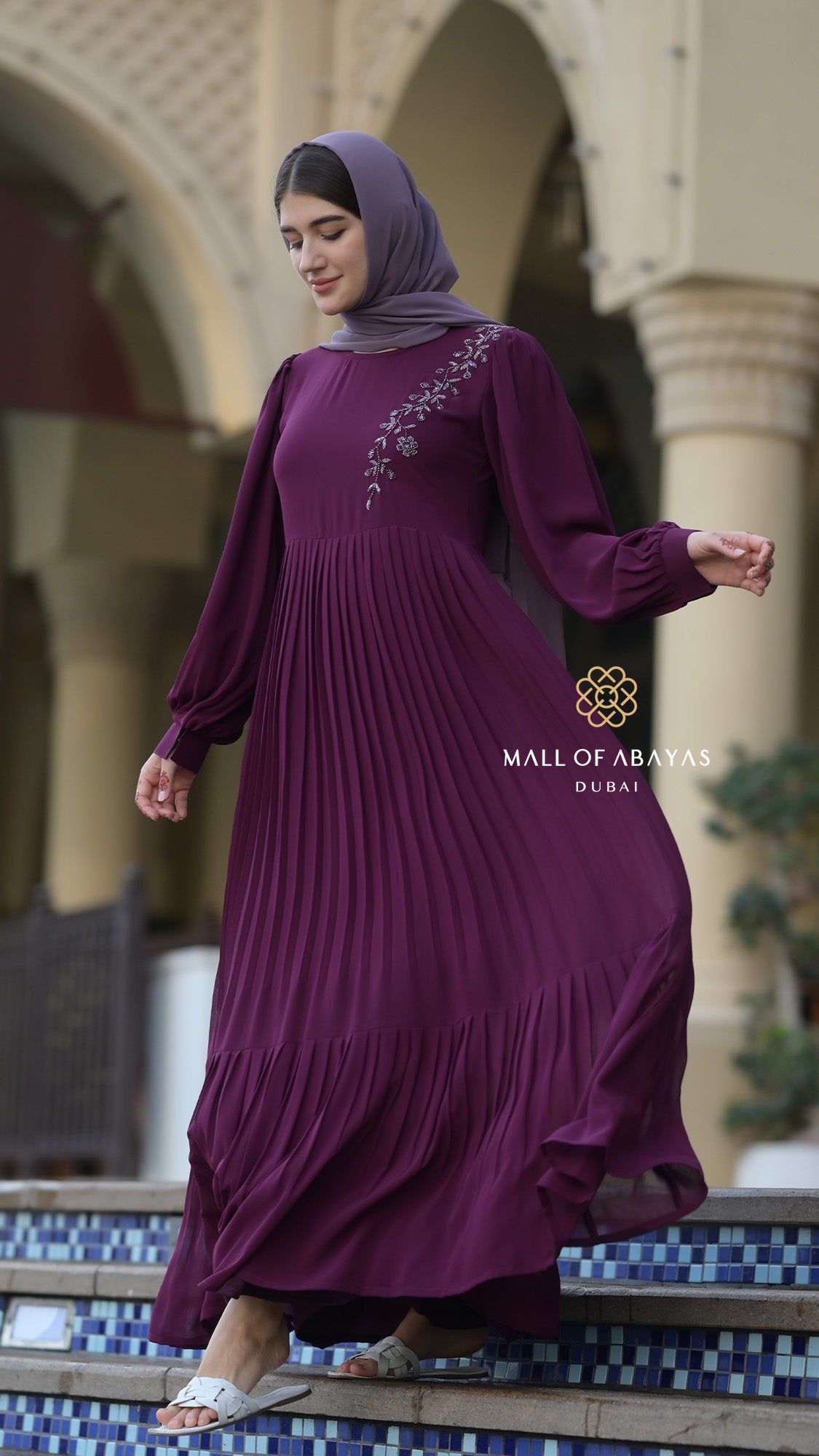 Pleated Chiffon Embellished Modest Dress - 092604