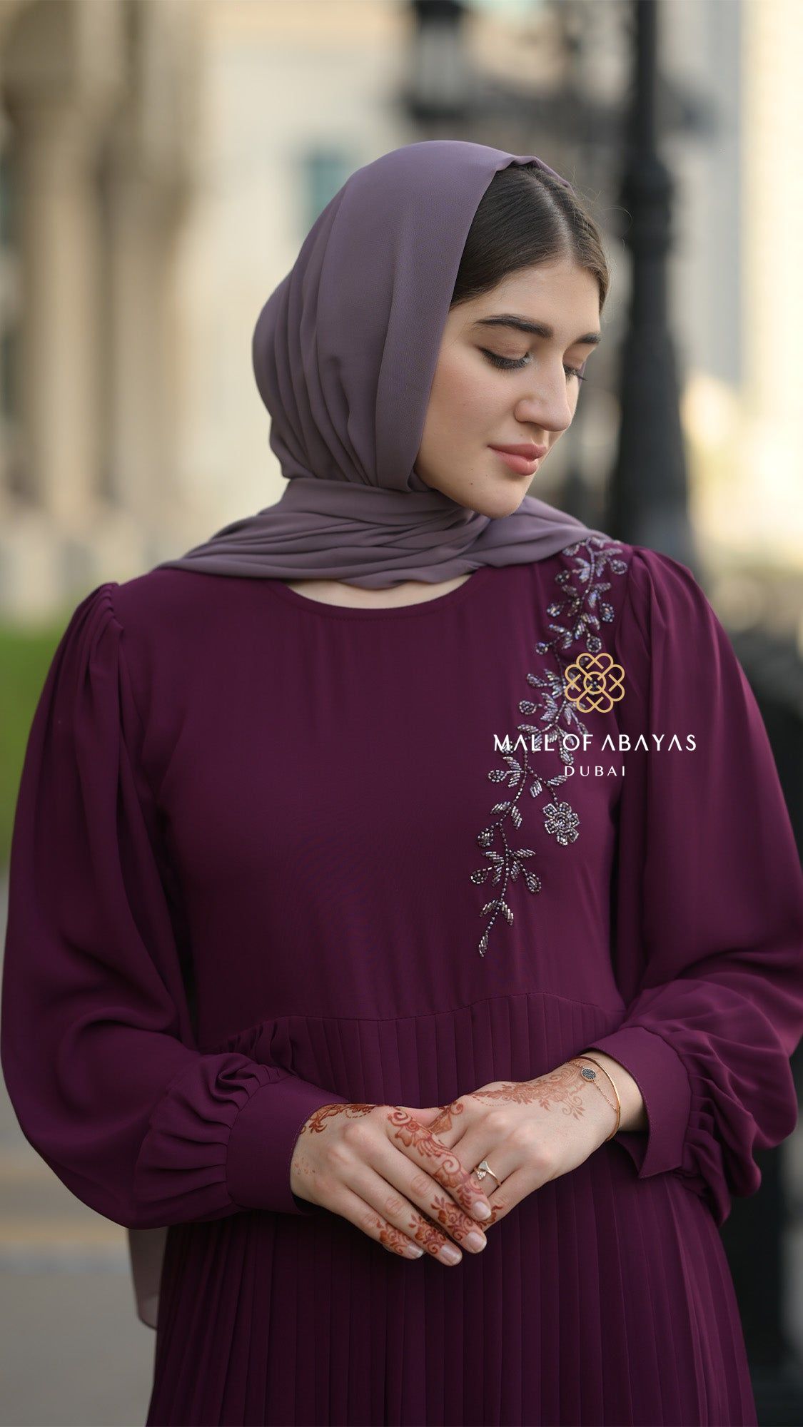 Pleated Chiffon Embellished Modest Dress - 092604