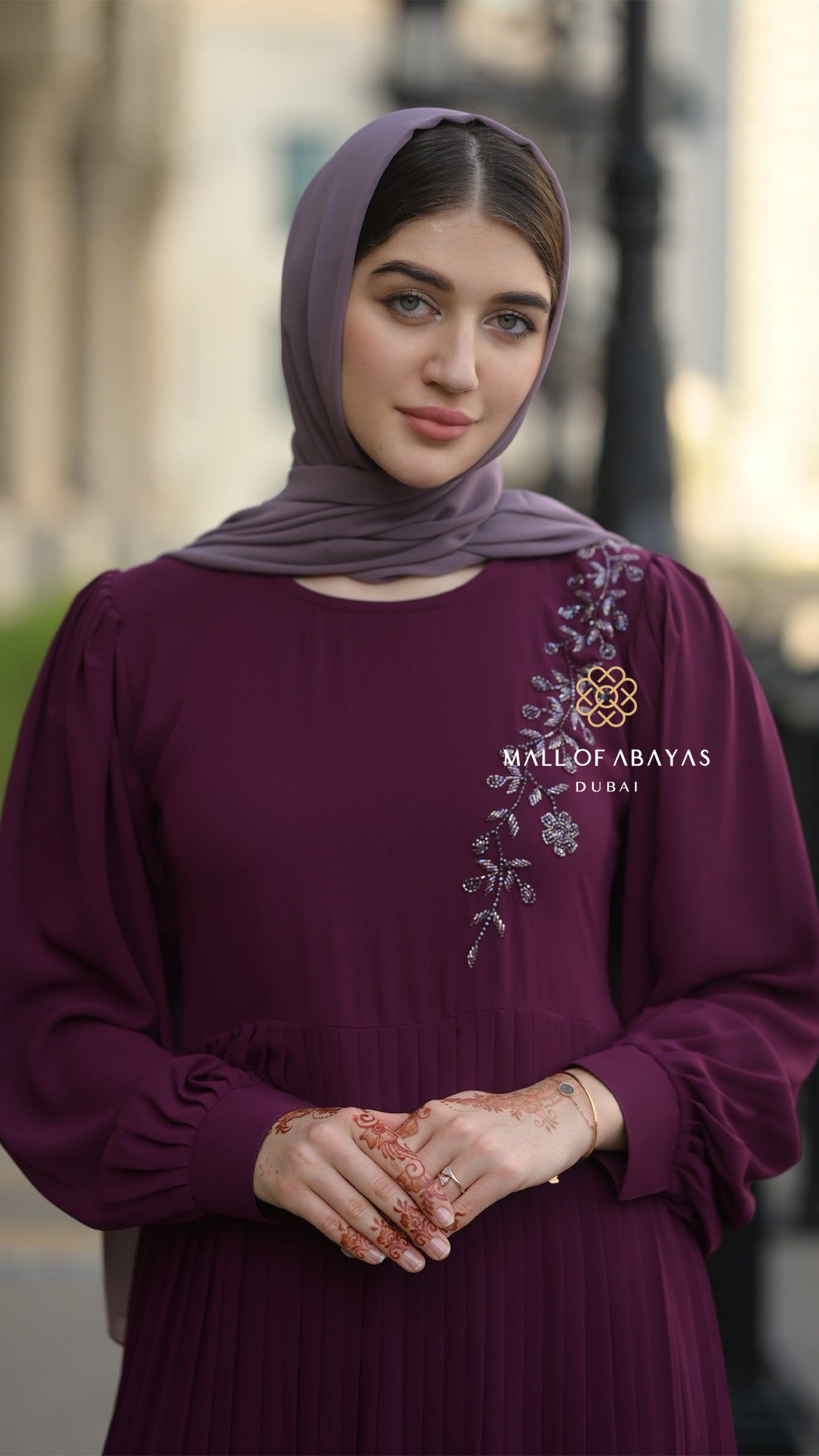 Pleated Chiffon Embellished Modest Dress - 092604