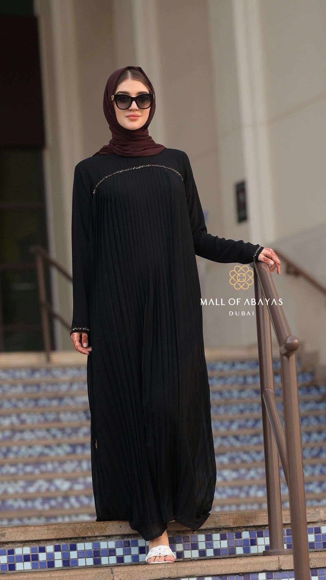 Noir Pleated Chiffon Embellished Modest Dress - 092606