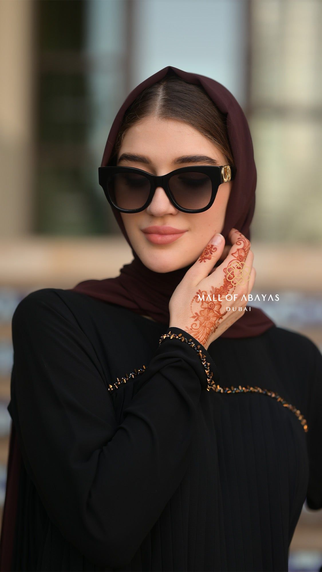 Noir Pleated Chiffon Embellished Modest Dress - 092606