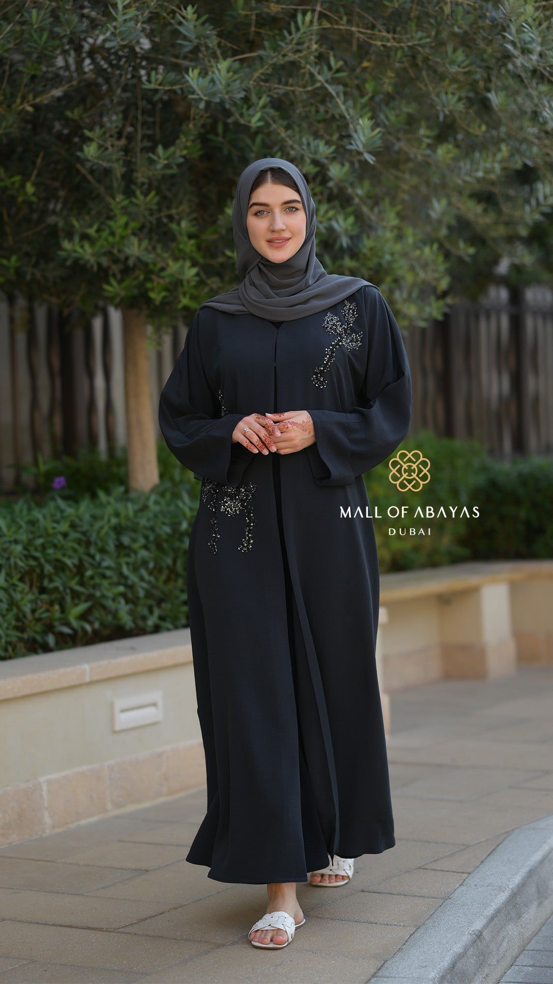 Midnight Bloom Embellished Chiffon Abaya - 092608