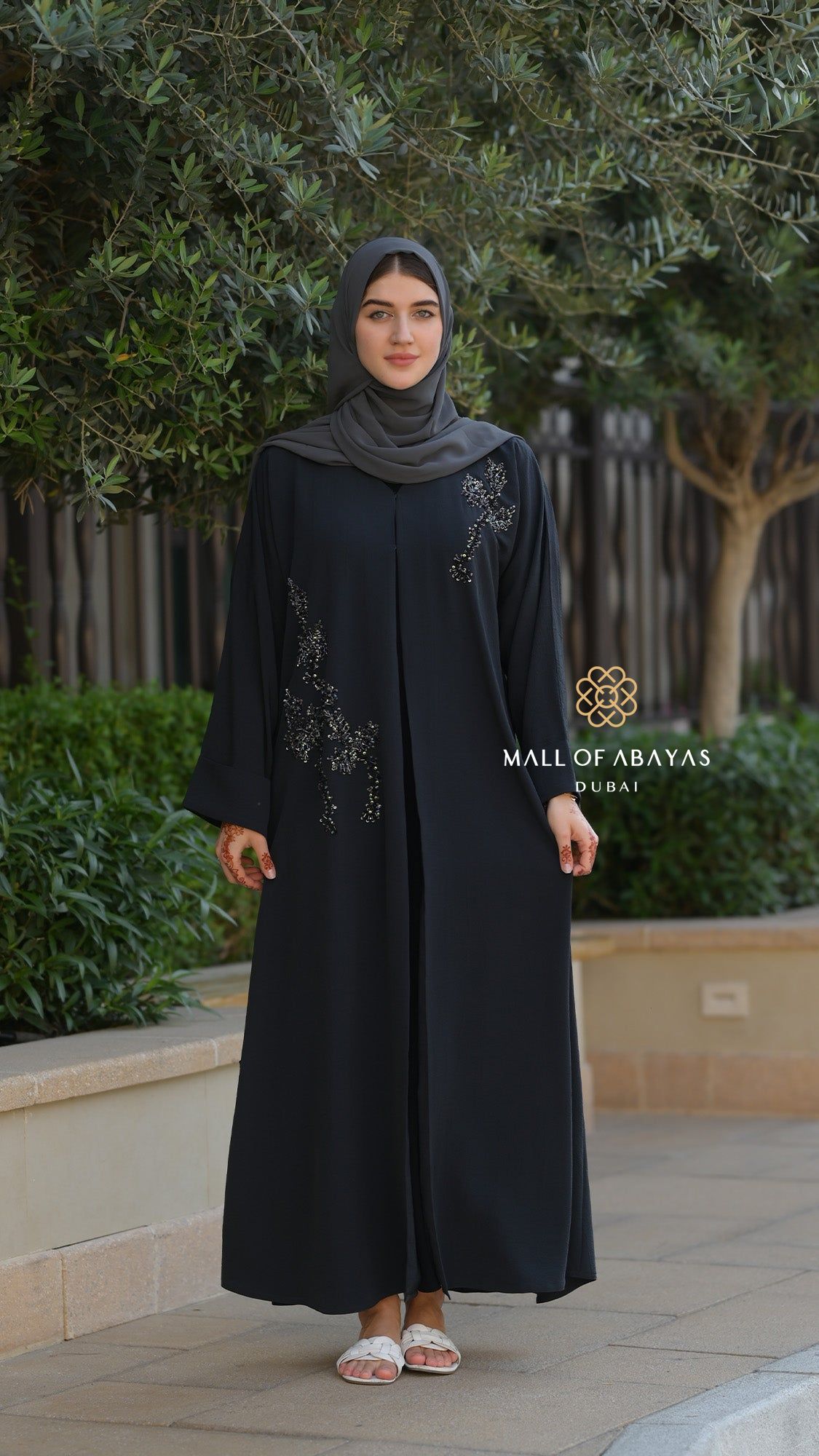 Midnight Bloom Embellished Chiffon Abaya - 092608