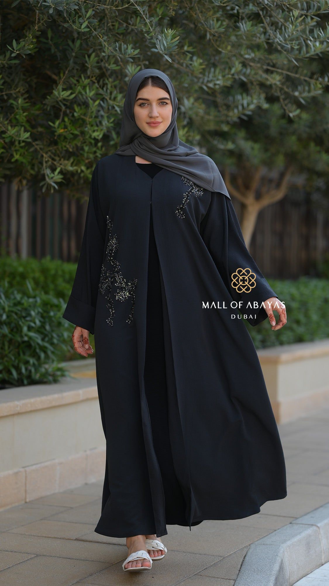 Midnight Bloom Embellished Chiffon Abaya - 092608