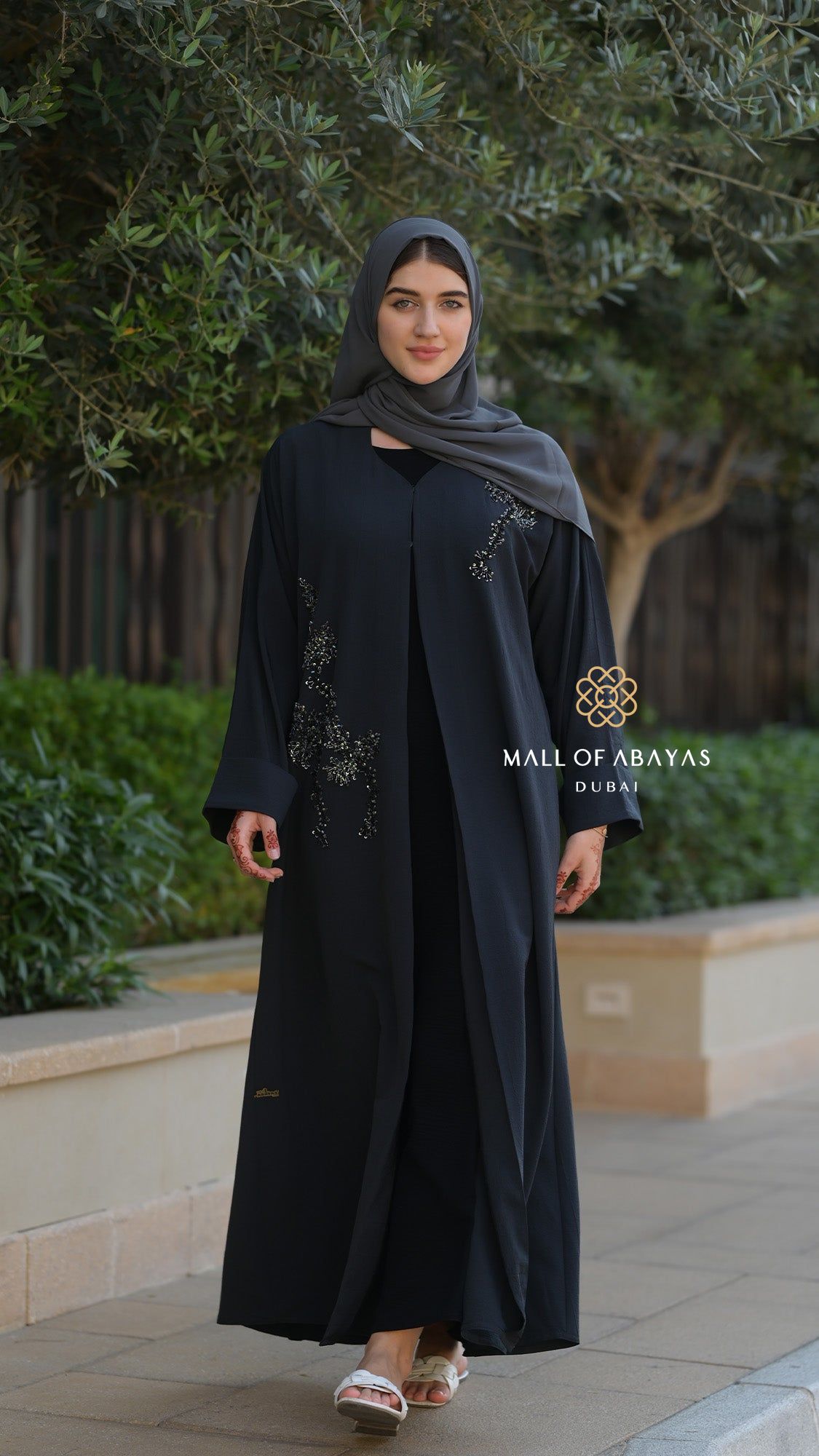 Midnight Bloom Embellished Chiffon Abaya - 092608