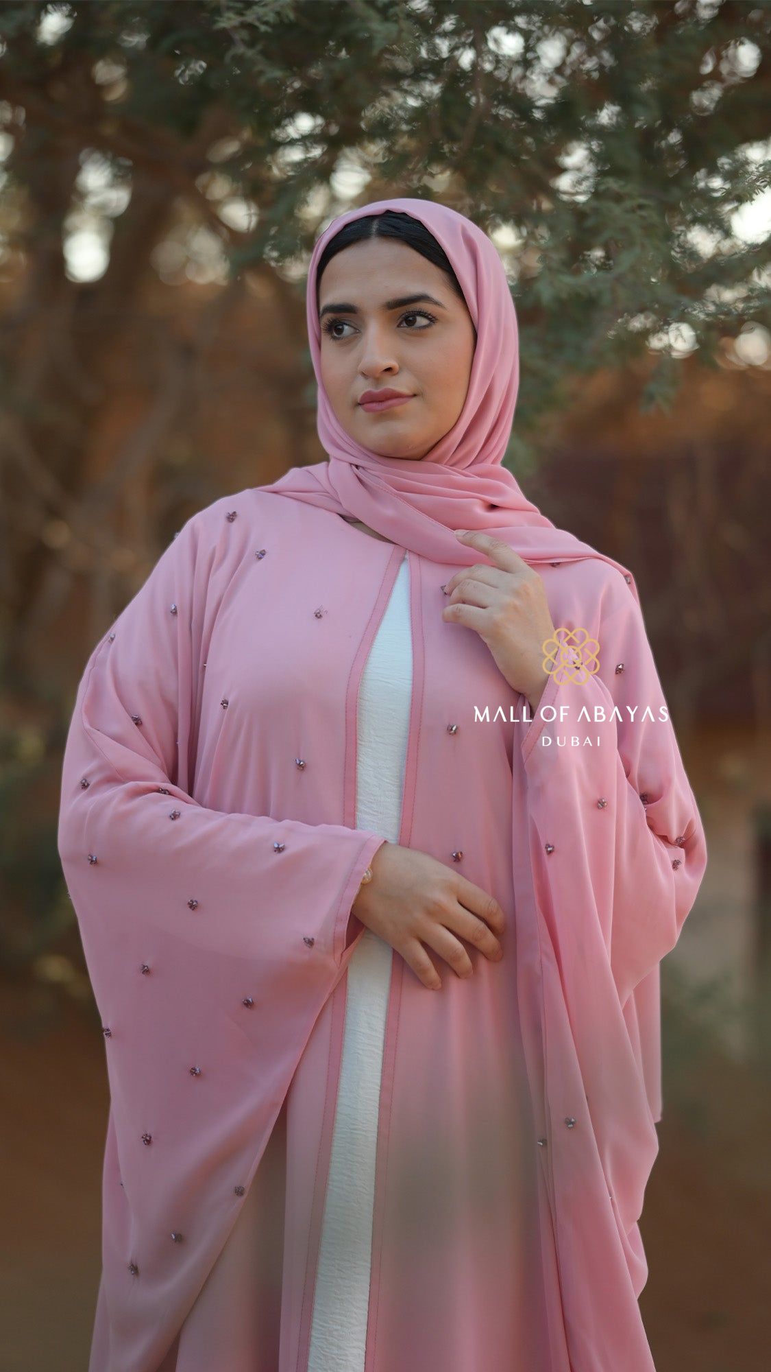 Pink Embellished Layered Abaya Set - 092631
