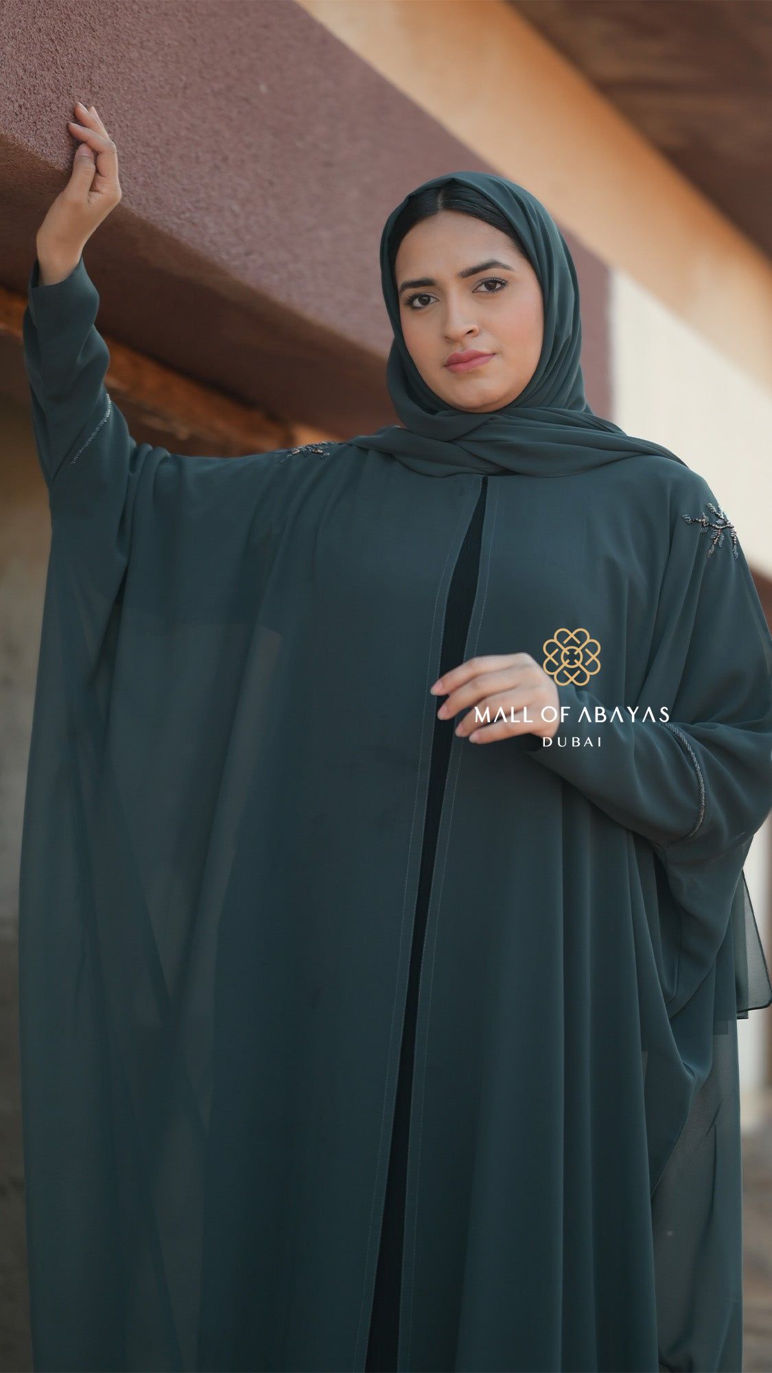 Deep Teal Embellished Layered Abaya - 092632