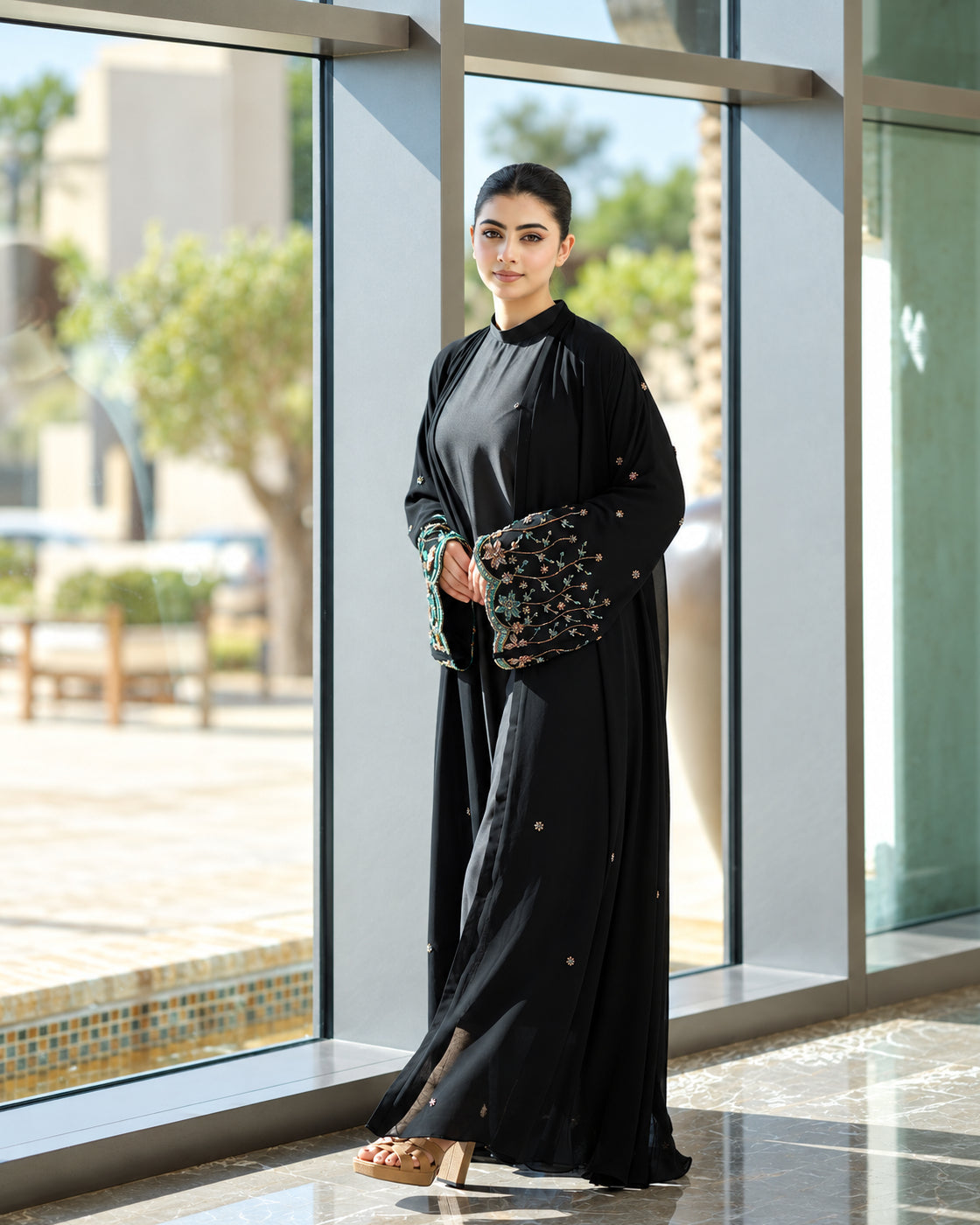 Black Chiffon Floral Embellished Abaya - 0926143