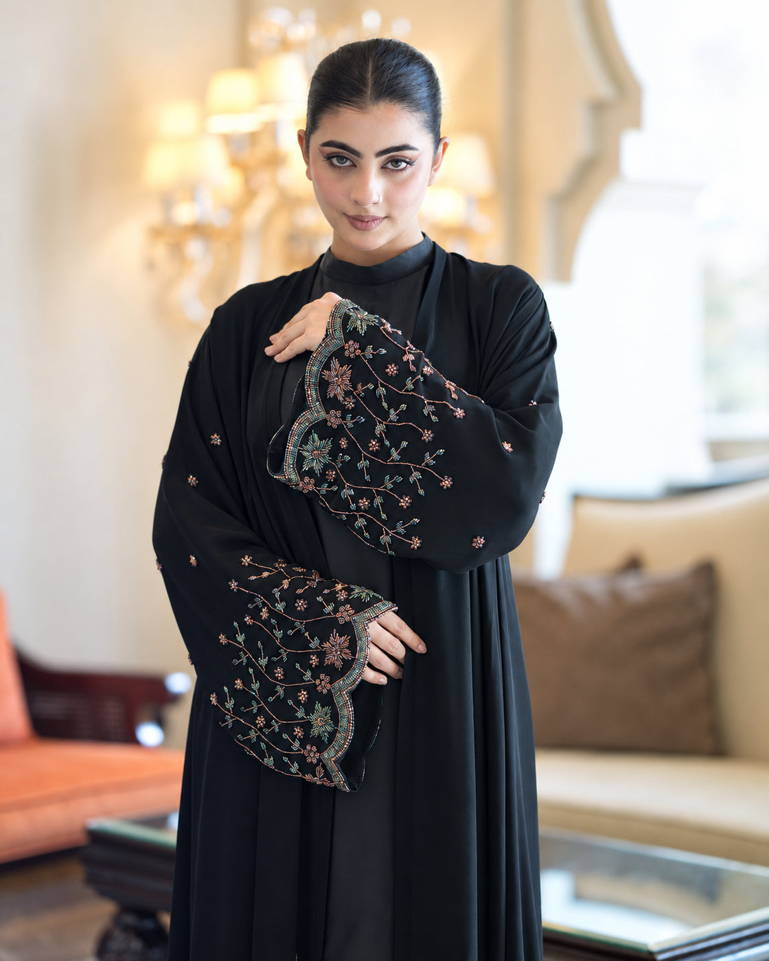 Black Chiffon Floral Embellished Abaya - 0926143