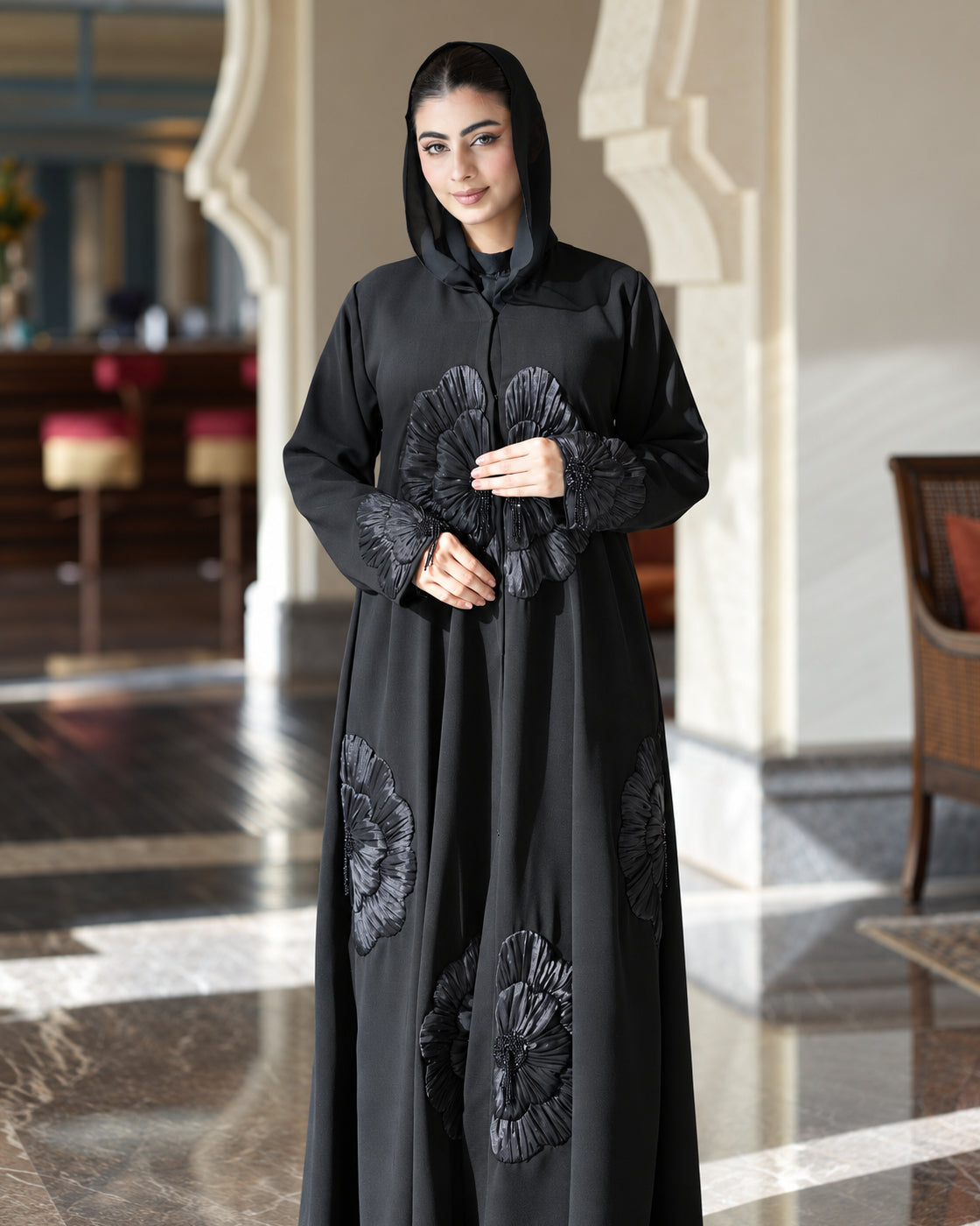 Black 3D Floral Premium Abaya- 0926144
