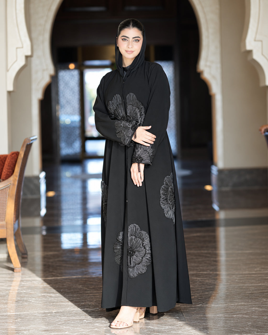 Black 3D Floral Premium Abaya- 0926144