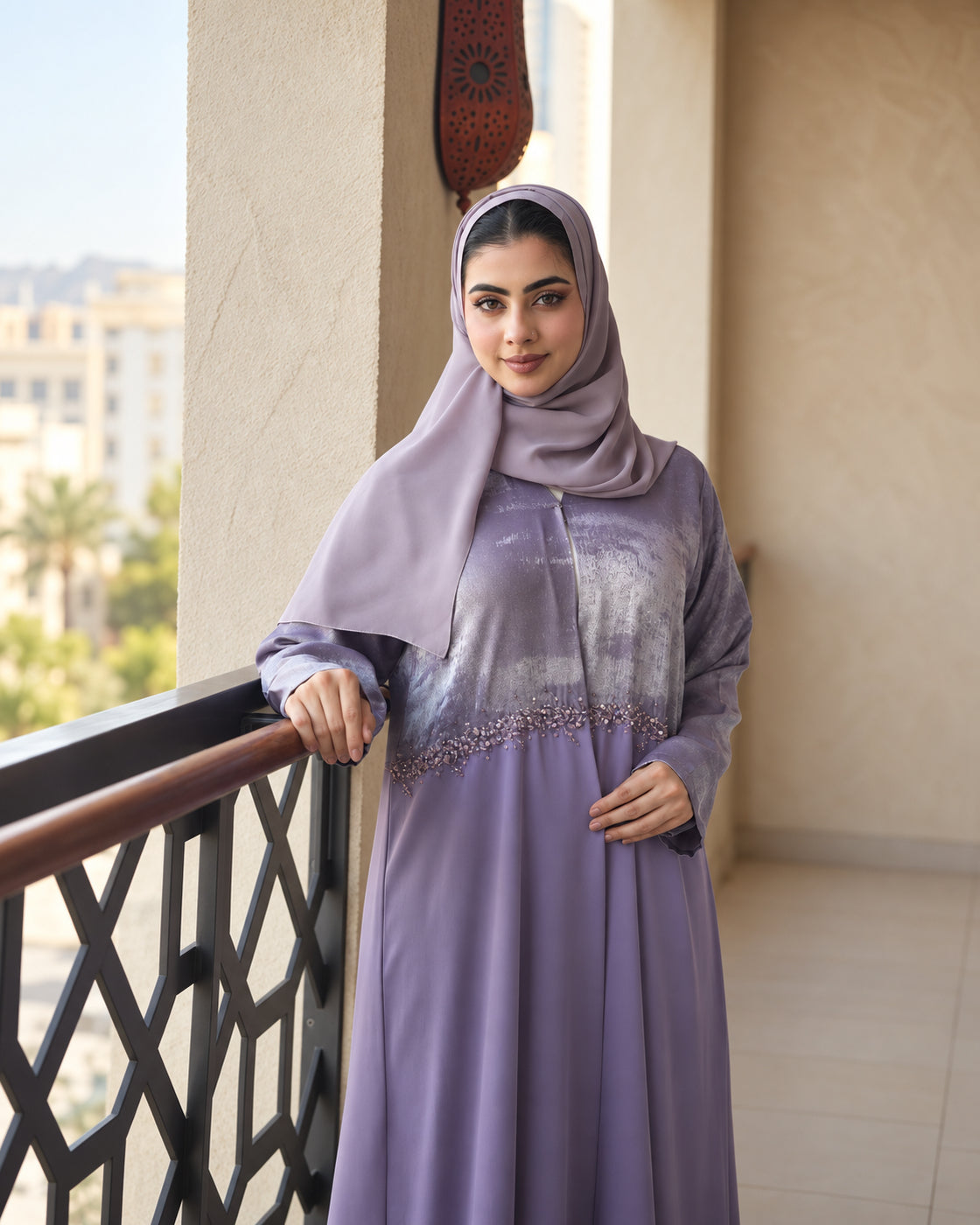 Lavender Embellished Abaya Set - 0926173