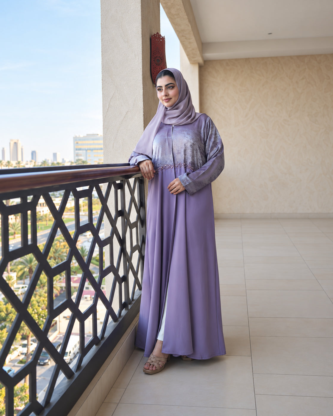 Lavender Embellished Abaya Set - 0926173