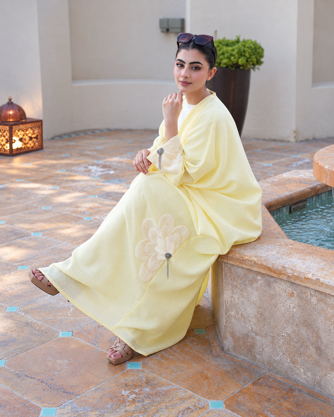 Buttercream yellow 3D Flower Embellished Abaya - 0926176