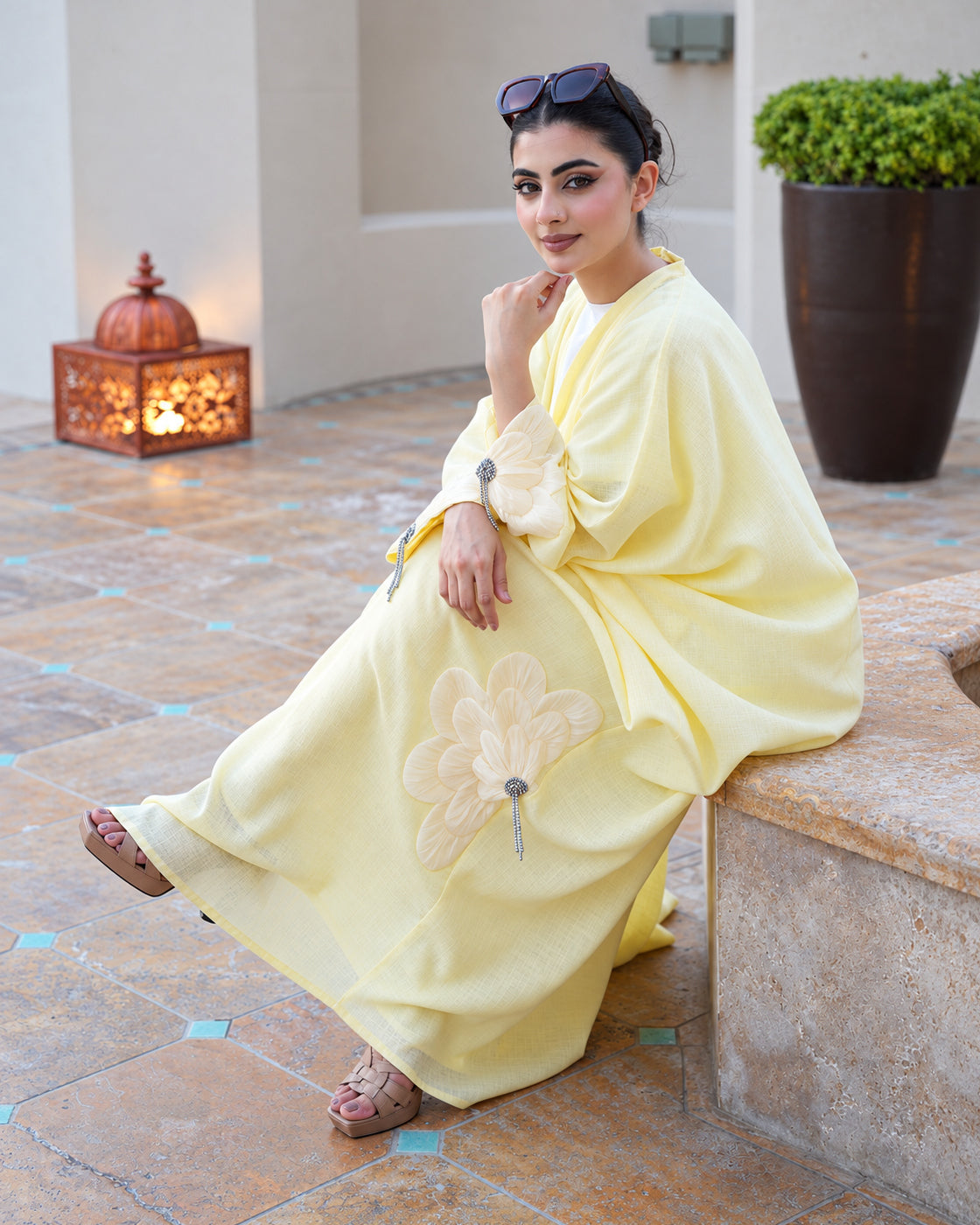 Buttercream yellow 3D Flower Embellished Abaya - 0926176