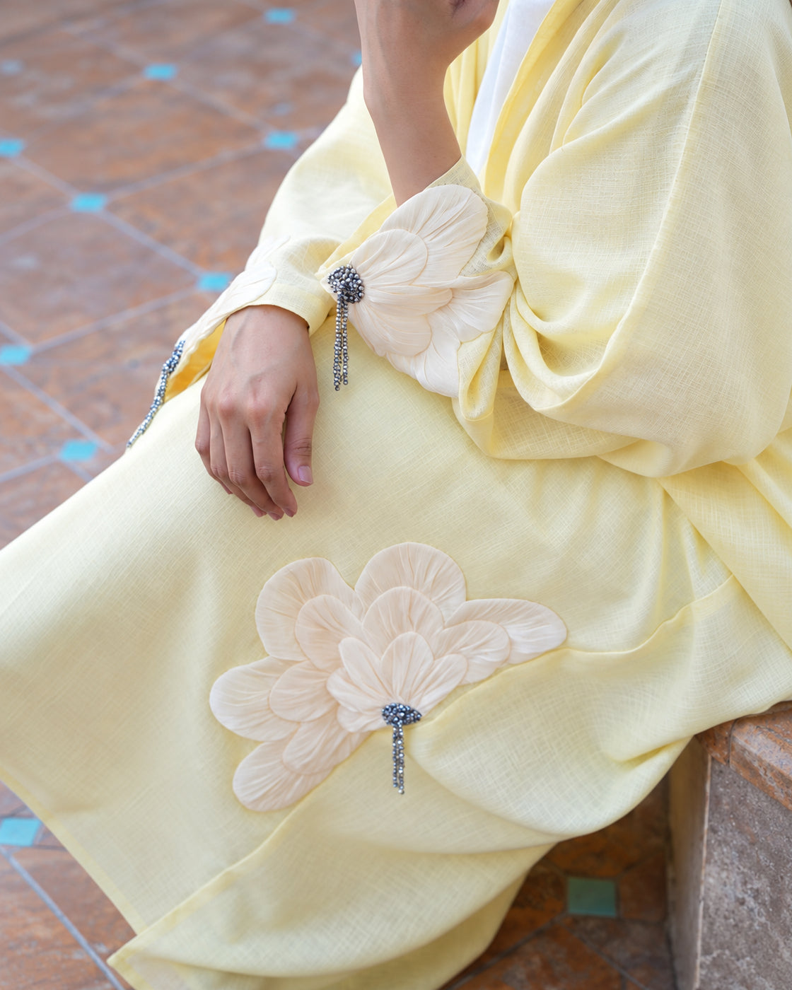 Buttercream yellow 3D Flower Embellished Abaya - 0926176