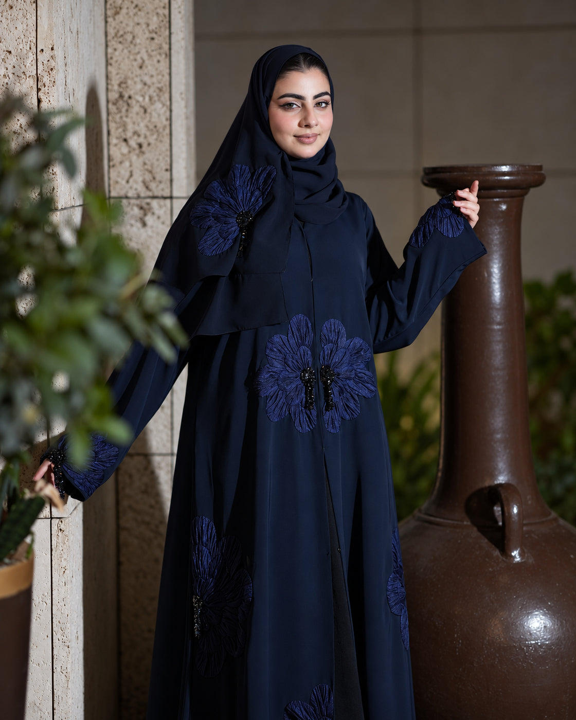 Midnight Navy 3D Floral Embroidered Abaya - 0926192