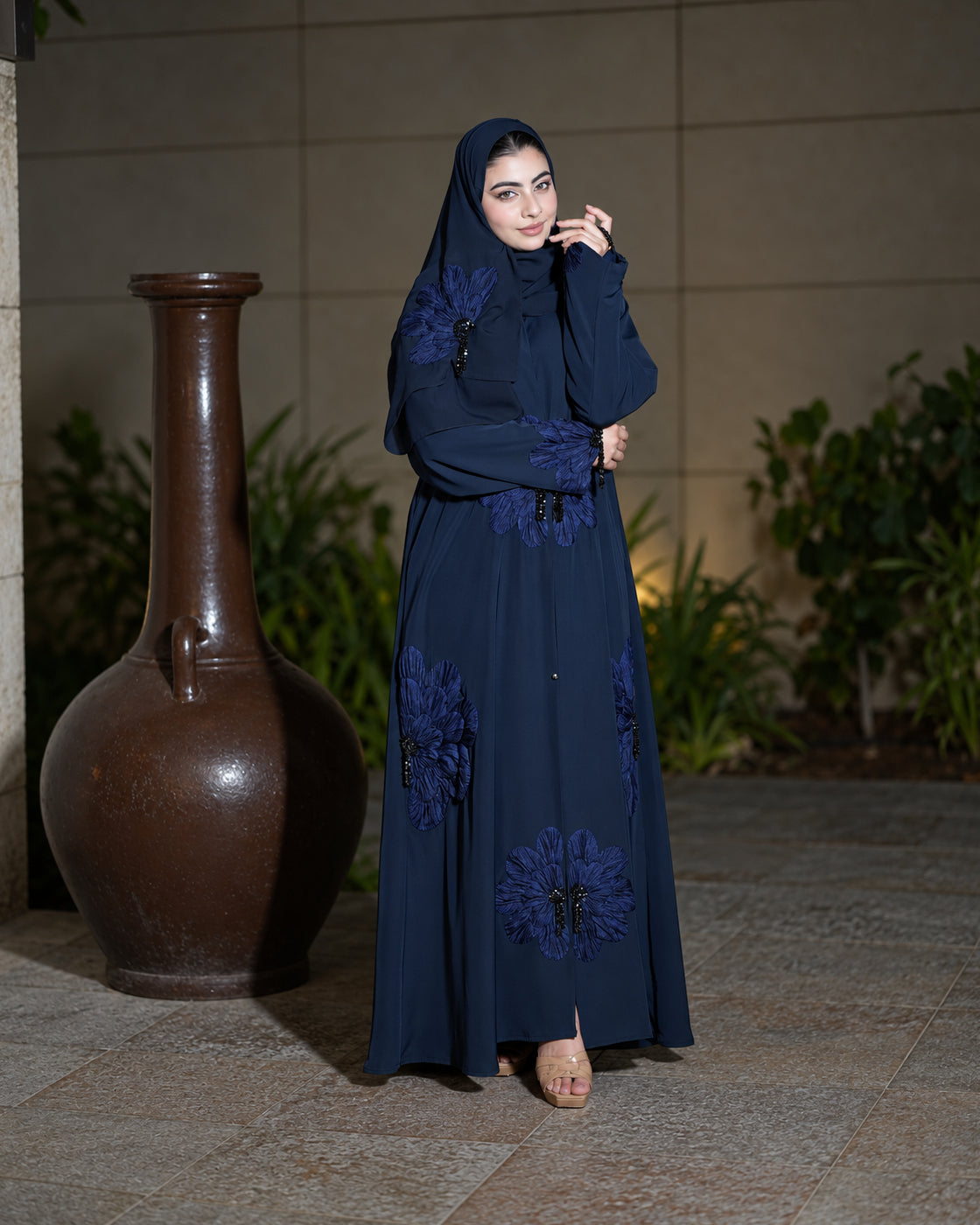Midnight Navy 3D Floral Embroidered Abaya - 0926192