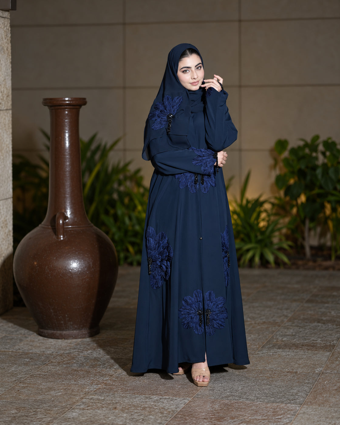 Midnight Navy 3D Floral Embroidered Abaya - 0926192