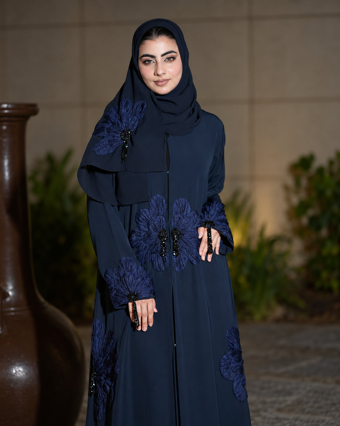 Midnight Navy 3D Floral Embroidered Abaya - 0926192
