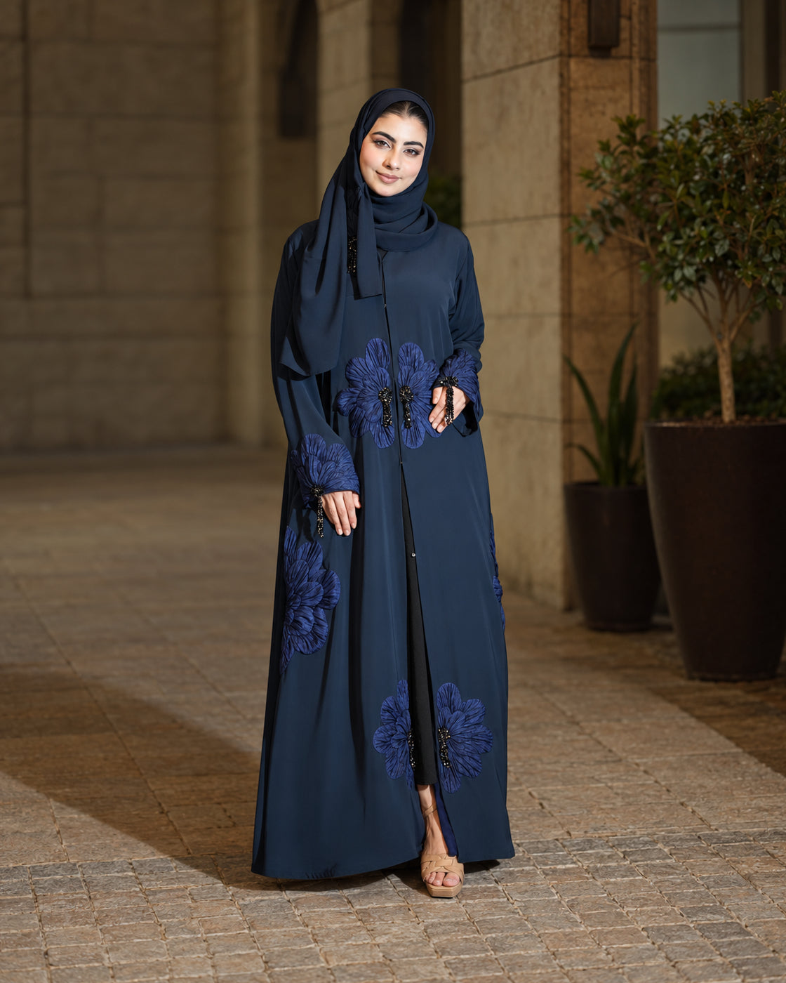 Midnight Navy 3D Floral Embroidered Abaya - 0926192