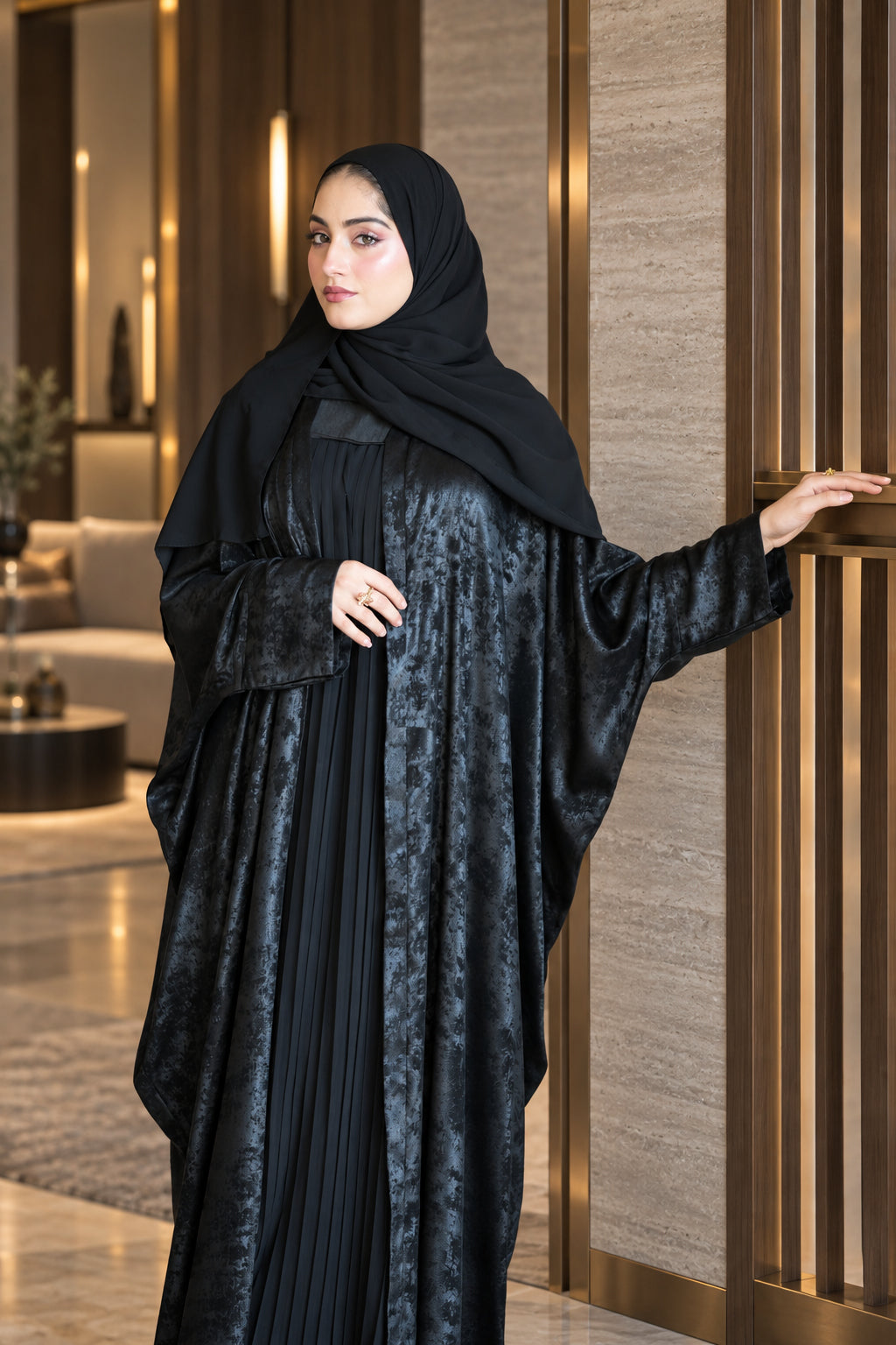Midnight Black Textured Pleated Abaya Set - 092651