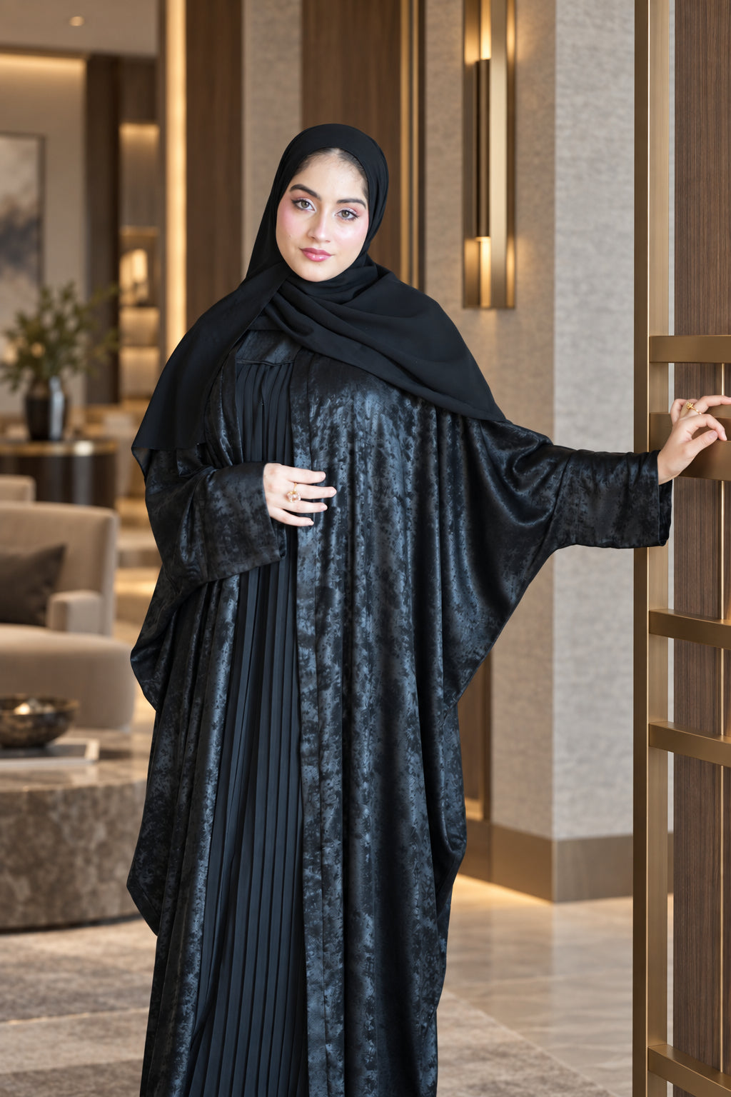 Midnight Black Textured Pleated Abaya Set - 092651