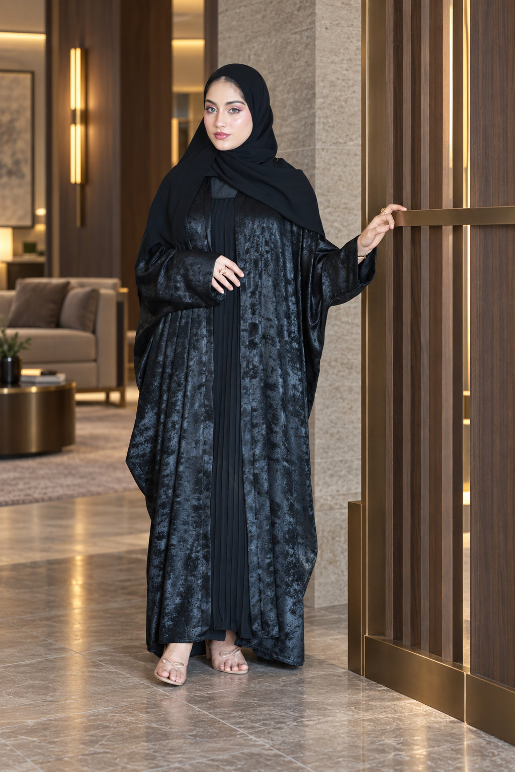 Midnight Black Textured Pleated Abaya Set - 092651