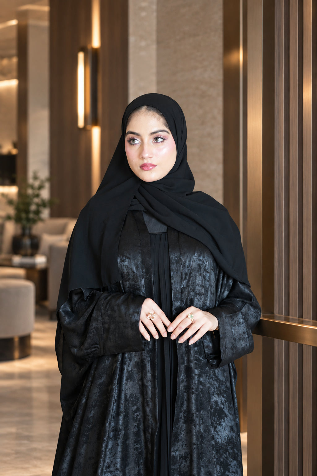 Midnight Black Textured Pleated Abaya Set - 092651