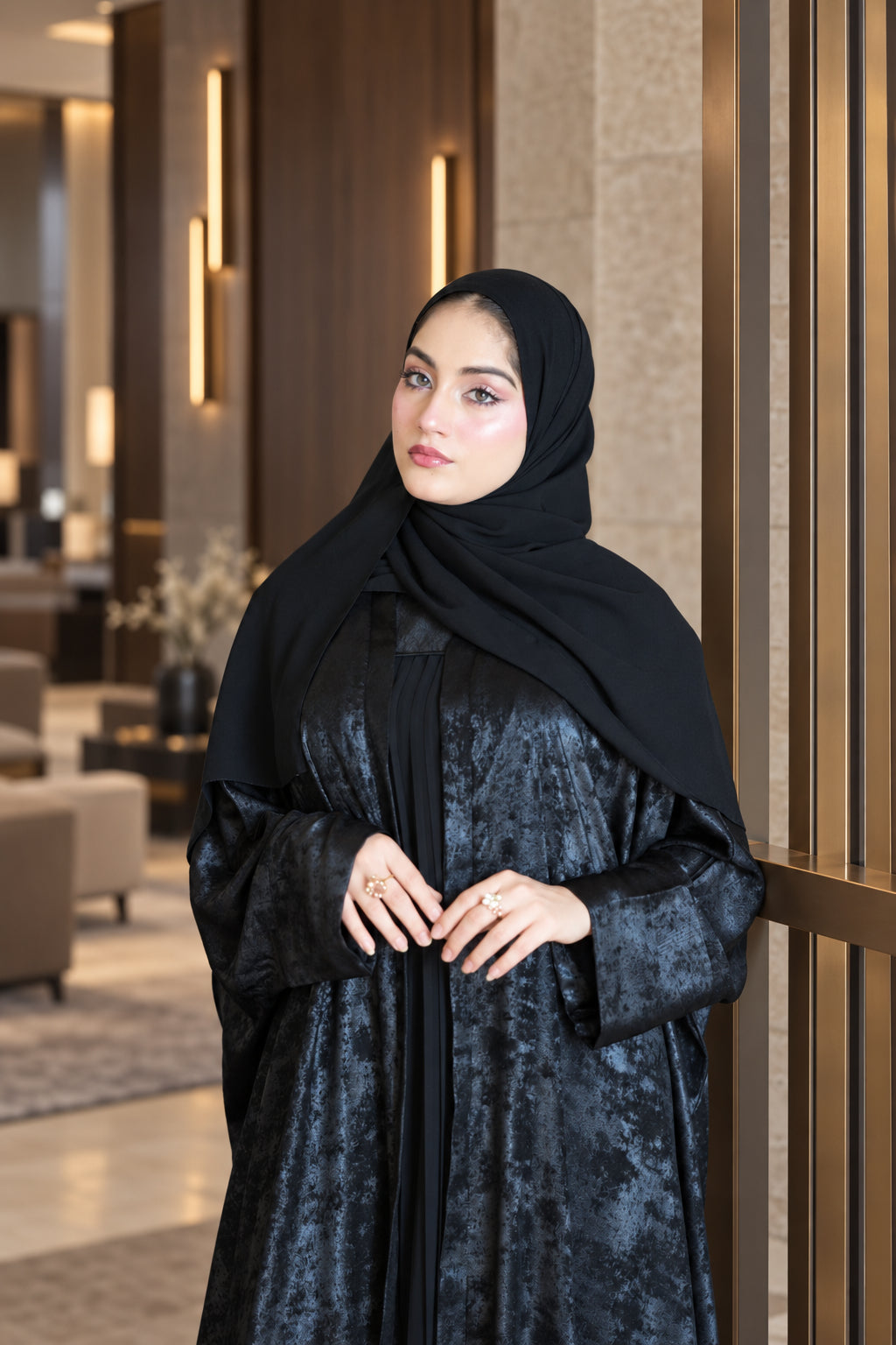 Midnight Black Textured Pleated Abaya Set - 092651