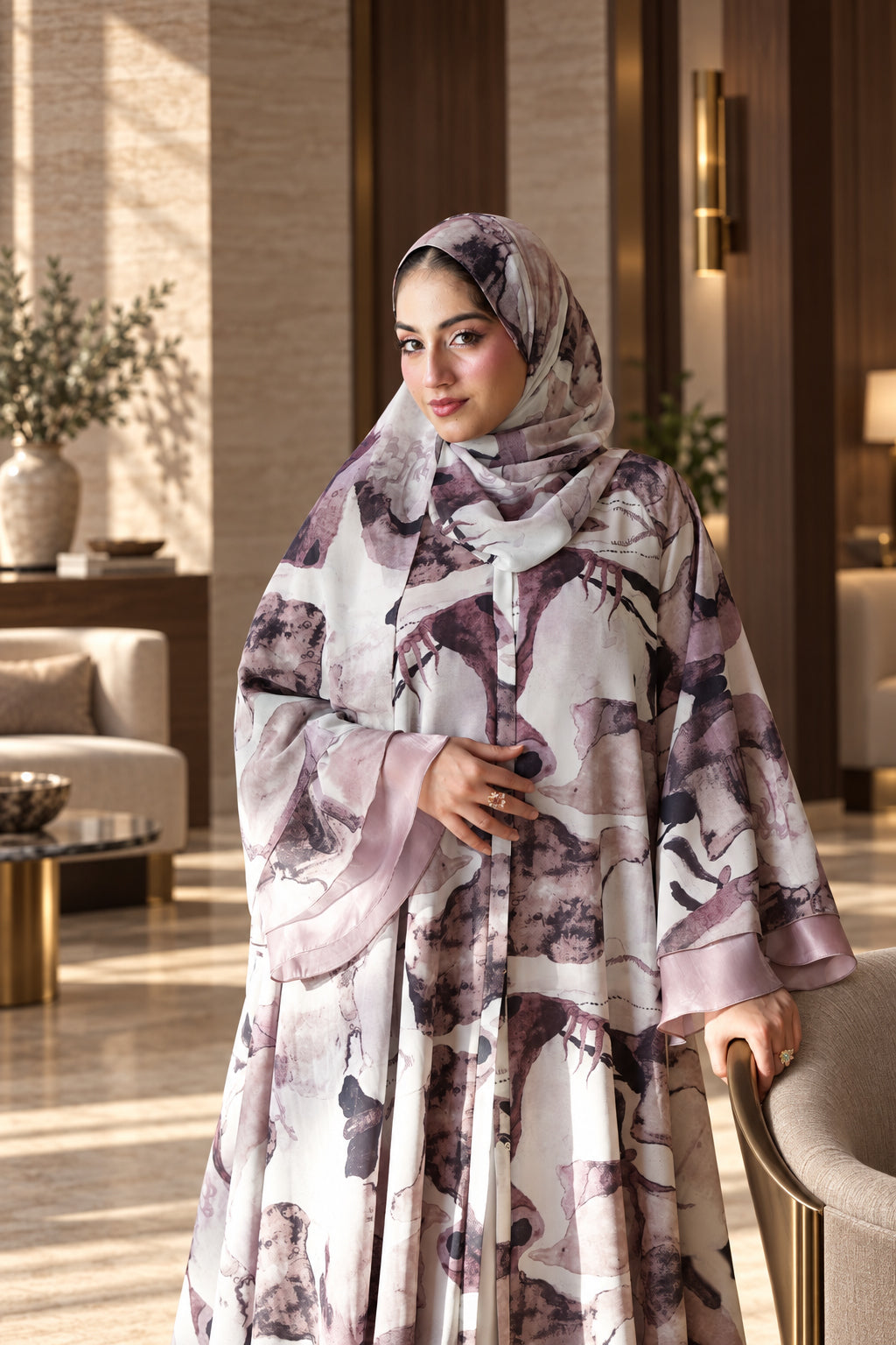 Blush Abstract Floral Layered Abaya Set - 092661