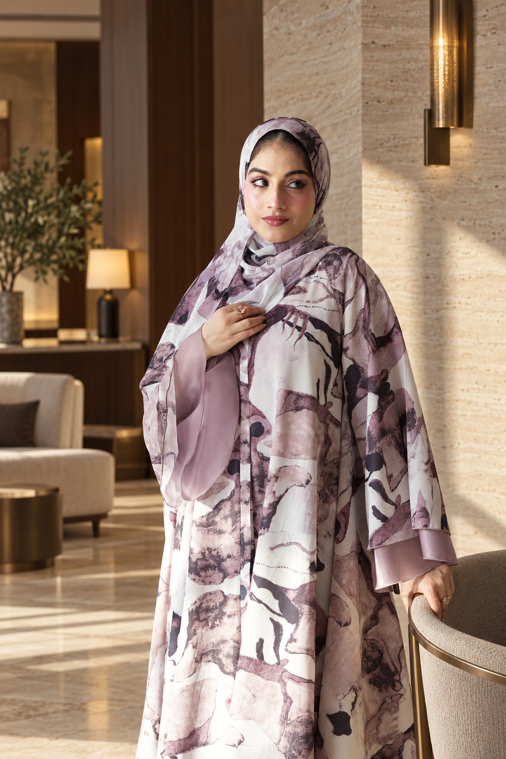 Blush Abstract Floral Layered Abaya Set - 092661